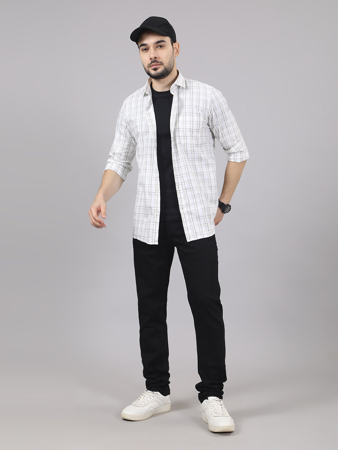 Kompanion Men's White/Beige Checks Shirt