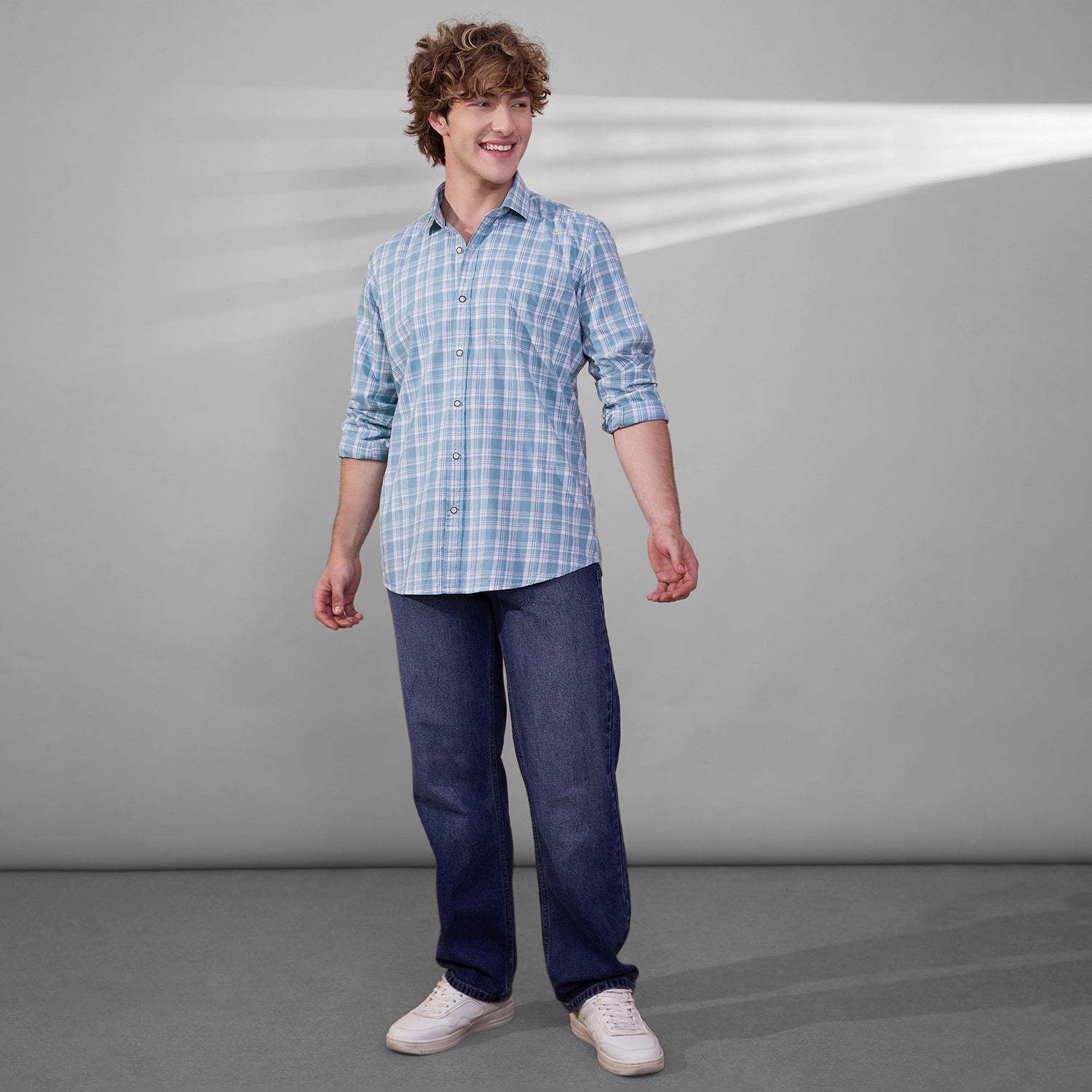 KOMPANION Men's Teal Blue Checks Shirt