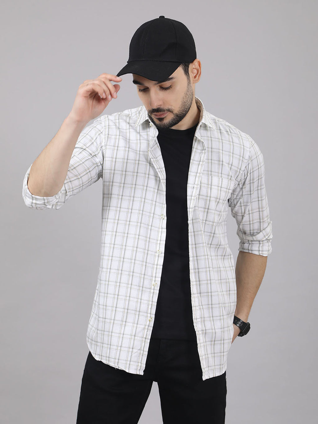 Kompanion Men's White/Beige Checks Shirt