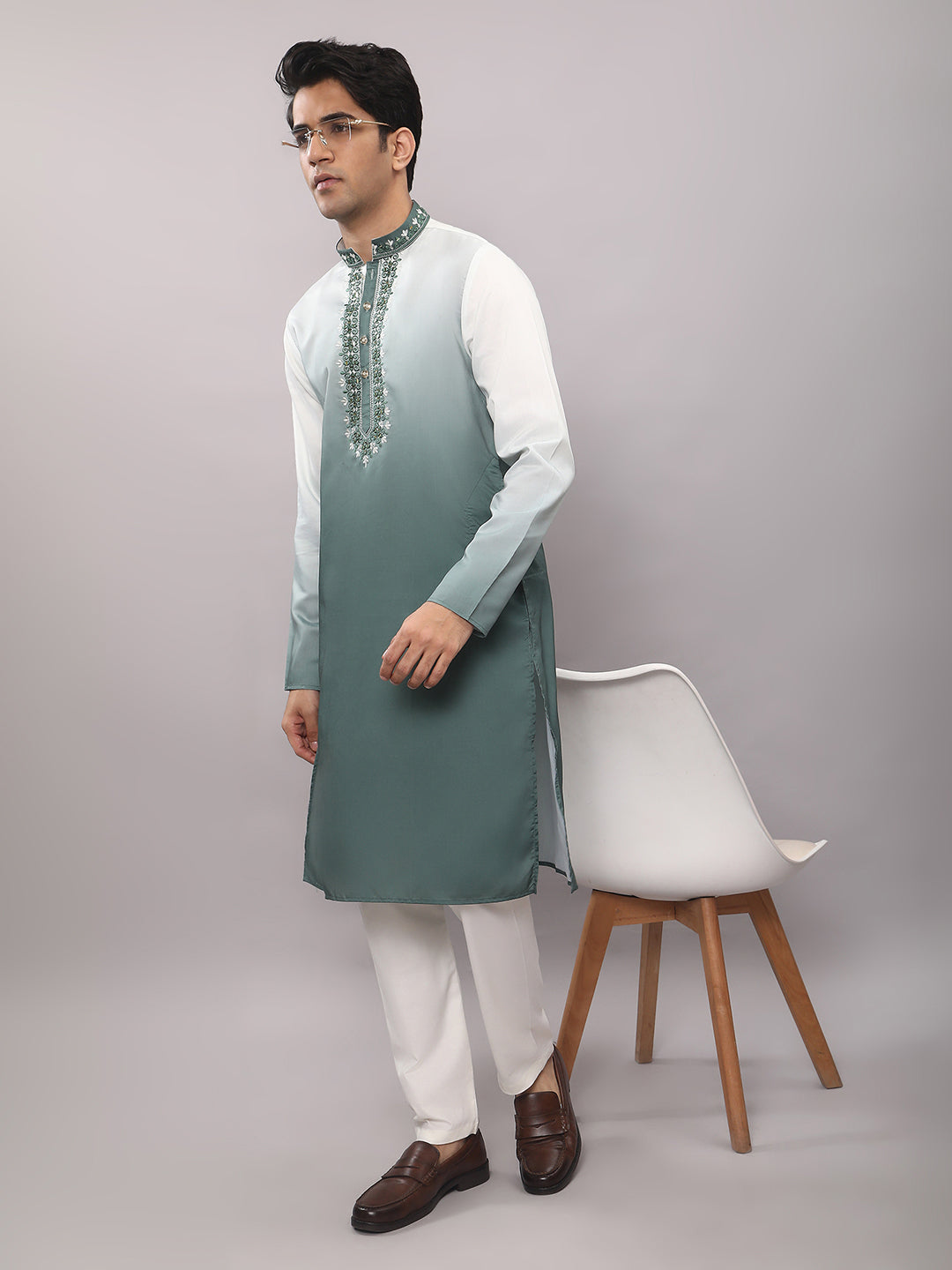 KOMPANION Men's Ombre Style Green Kurta