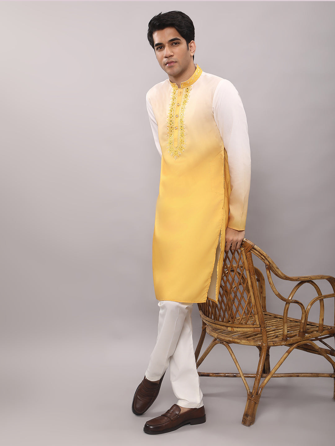 KOMPANION Men's Ombre Style Yellow Kurta