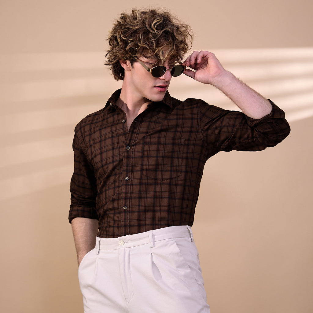 KOMPANION Men's Light Brown Checks Shirt