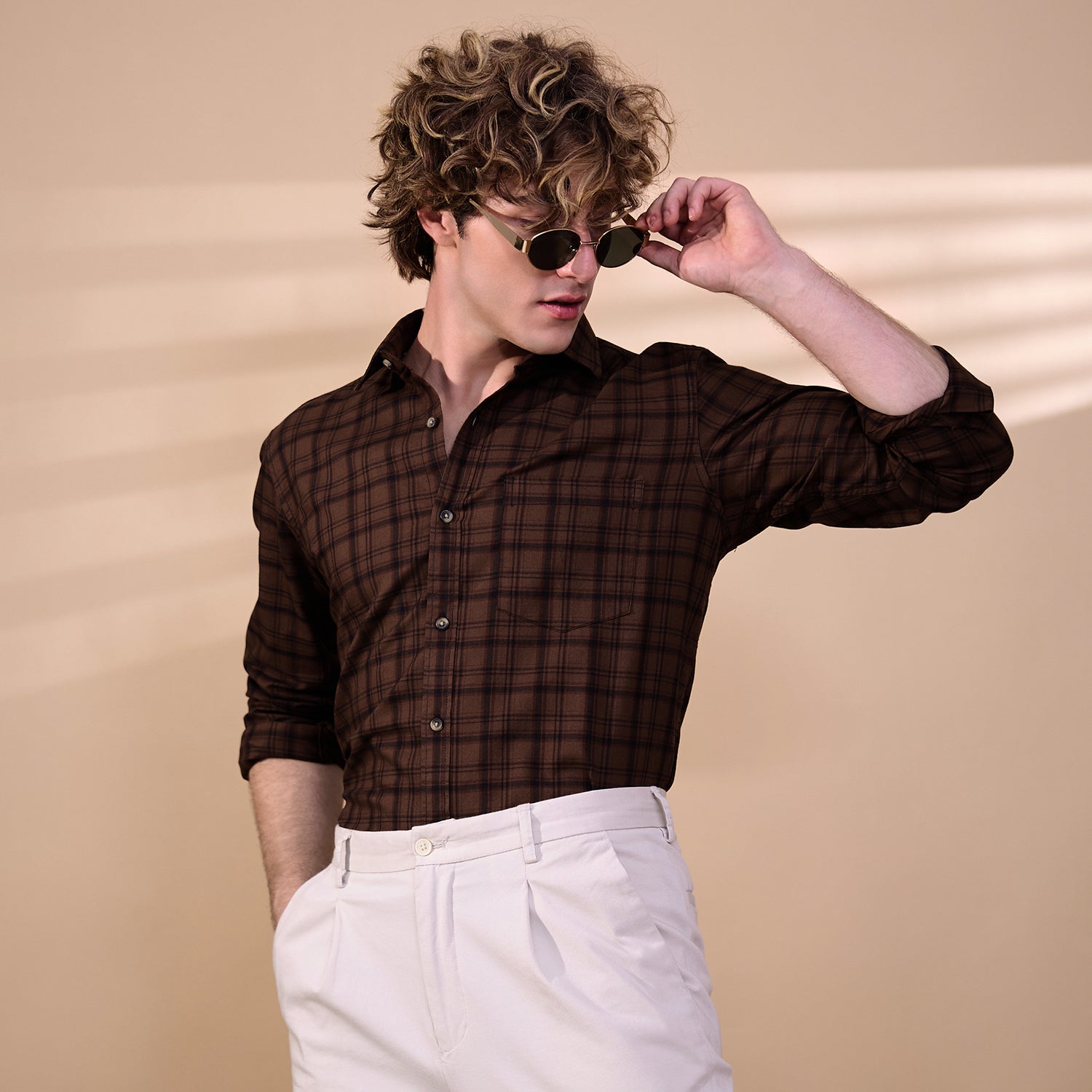 KOMPANION Men's Light Brown Checks Shirt