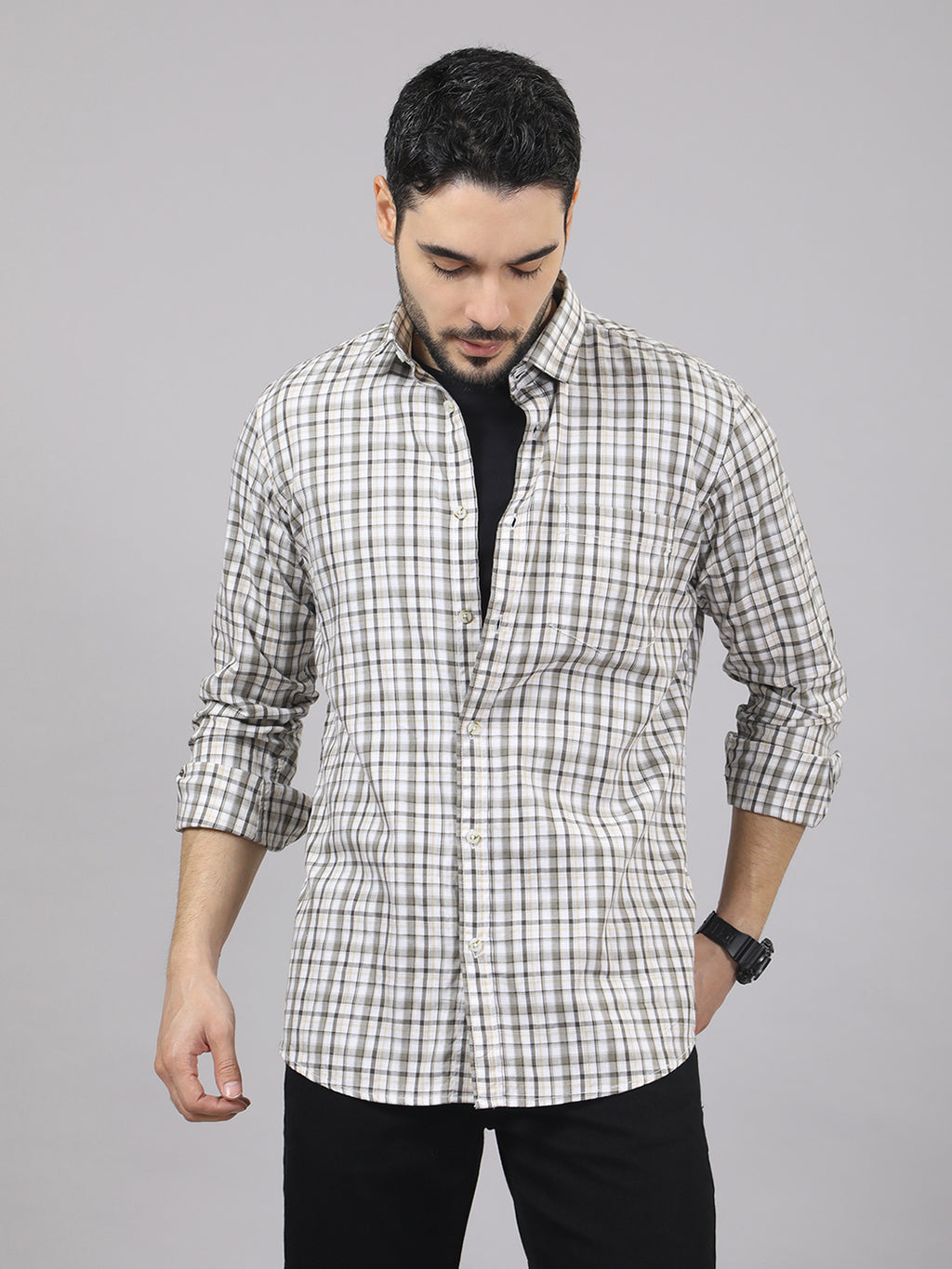 Kompanion Men's Light Brown/White Checks Shirt
