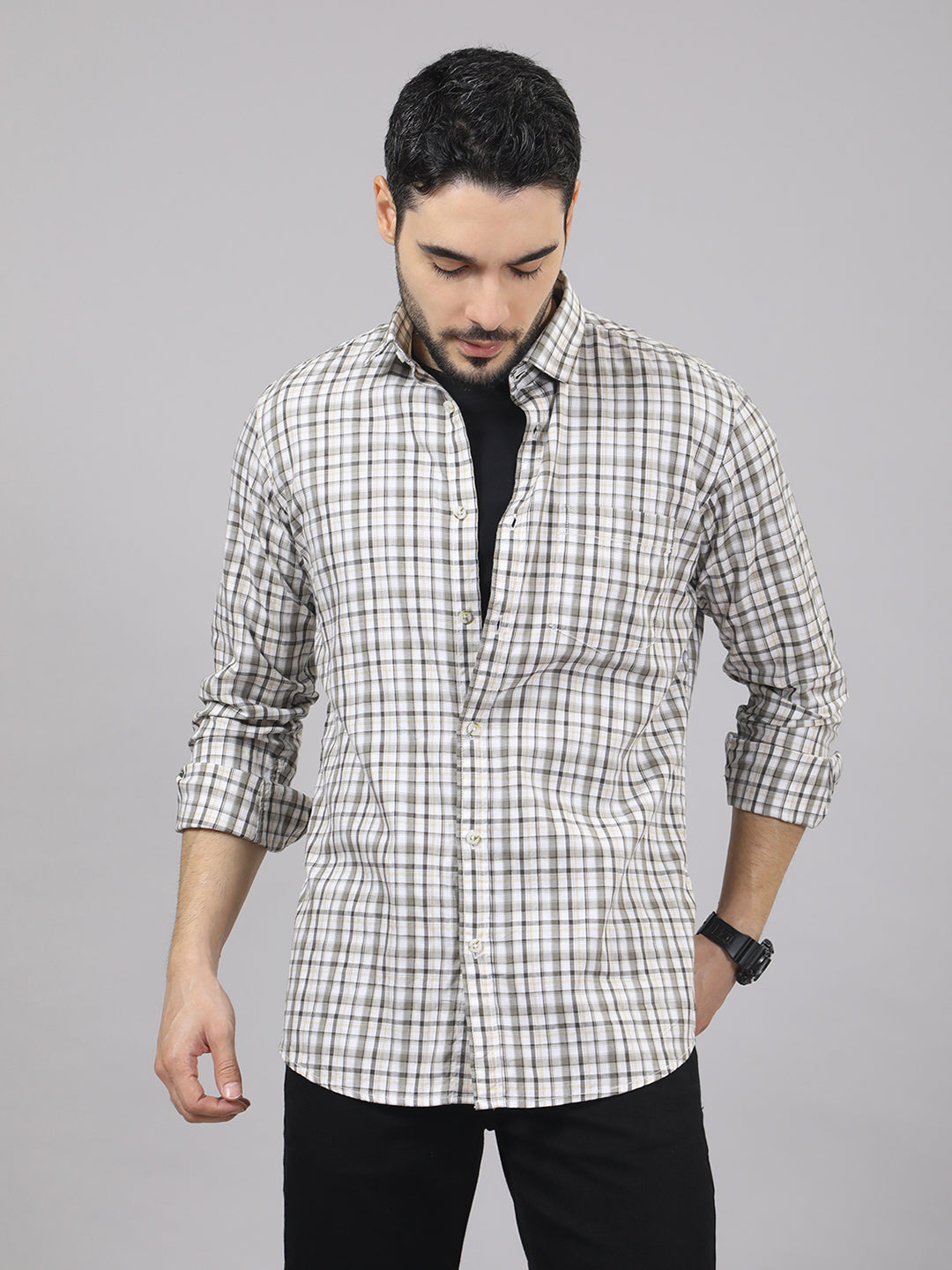 Kompanion Men's Light Brown/White Checks Shirt