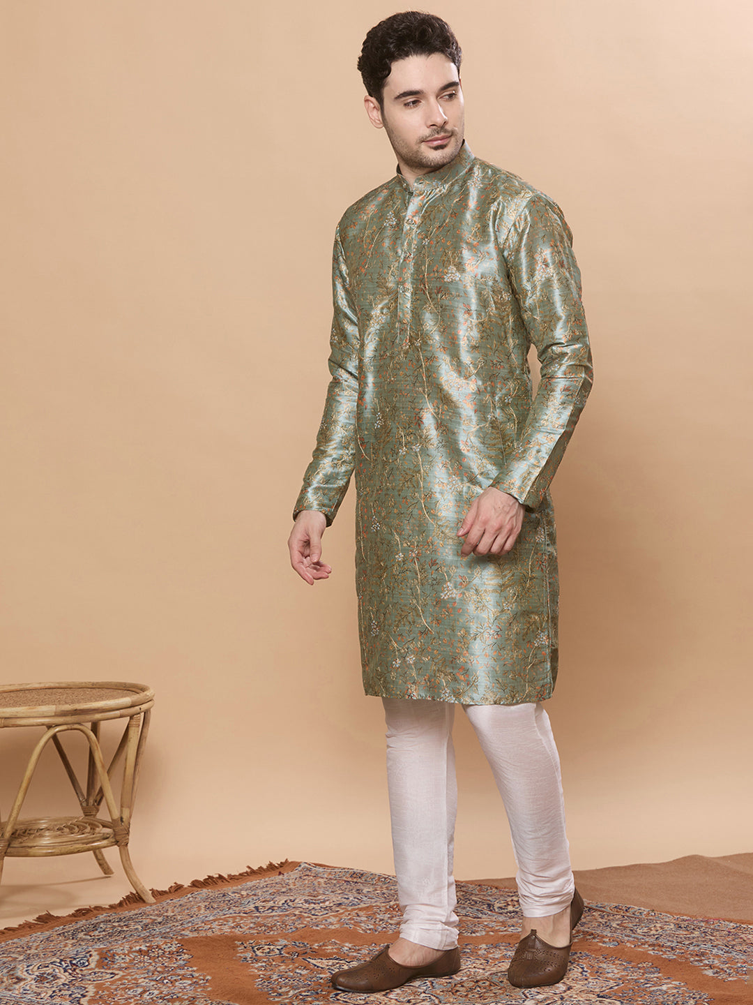 KOMPANION Men's Light Green Digital print Kurta