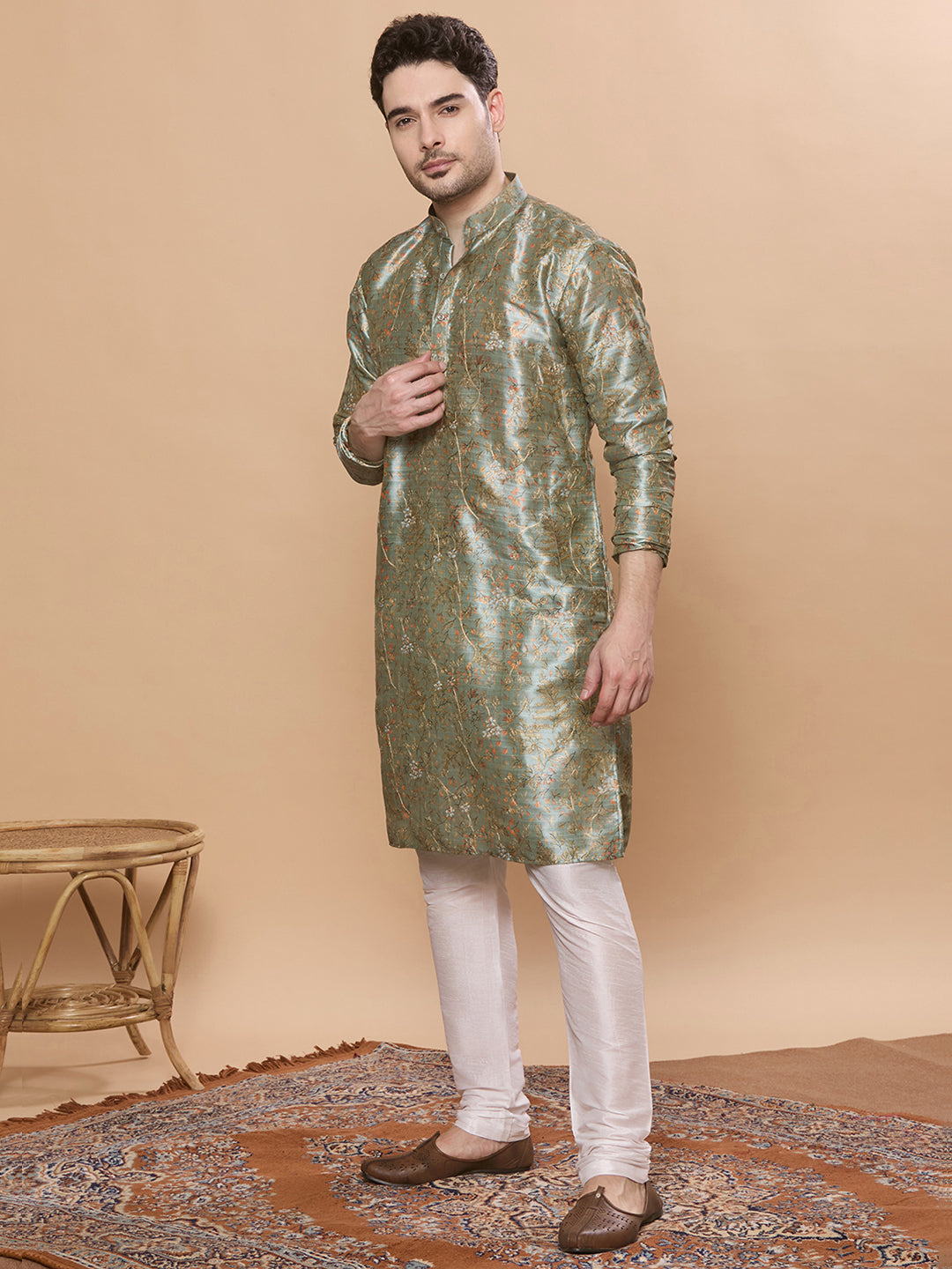 KOMPANION Men's Light Green Digital print Kurta
