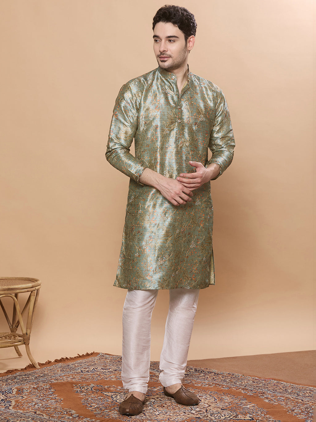 KOMPANION Men's Light Green Digital print Kurta