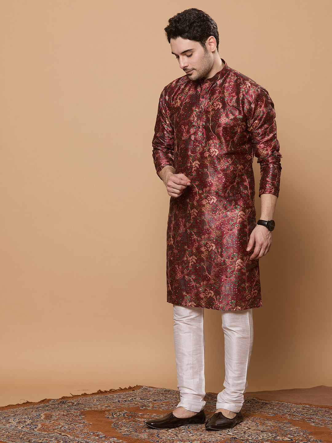 KOMPANION Men's Maroon Digital print Kurta