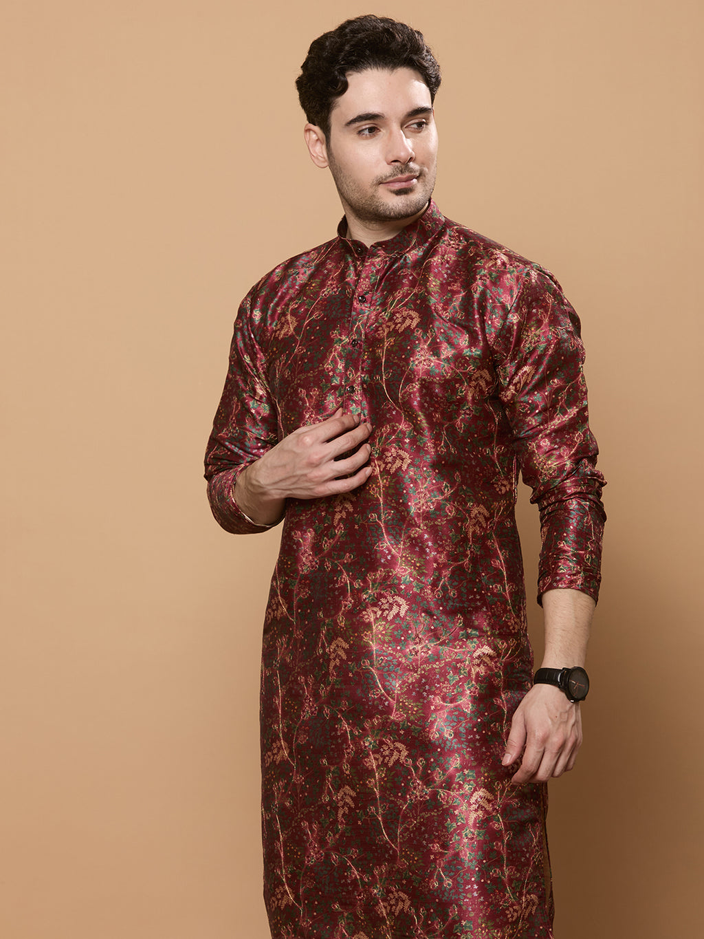 KOMPANION Men's Maroon Digital print Kurta