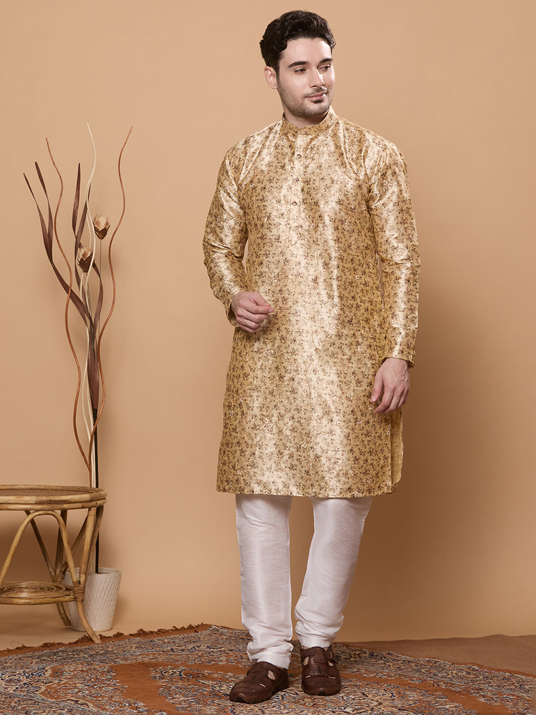 KOMPANION Men's Cream Digital print Kurta
