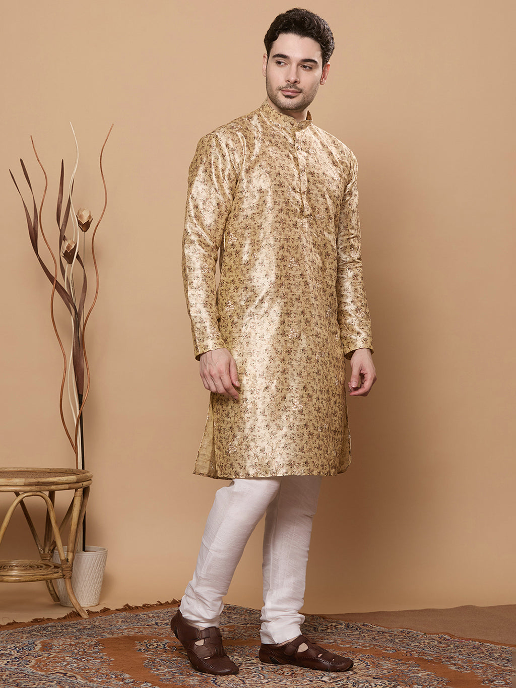 KOMPANION Men's Cream Digital print Kurta