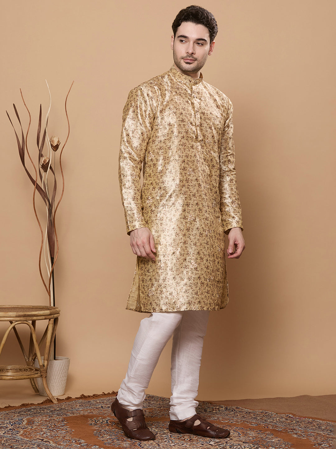 KOMPANION Men's Cream Digital print Kurta