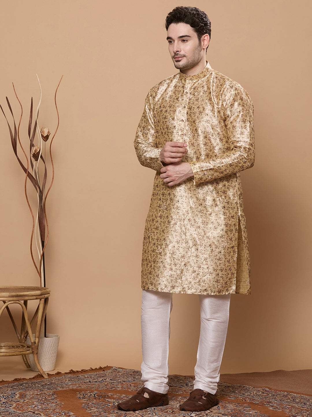 KOMPANION Men's Cream Digital print Kurta