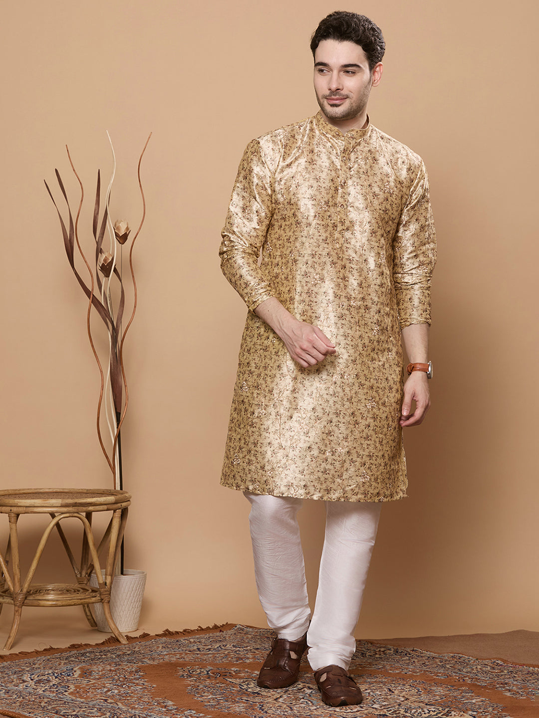 KOMPANION Men's Cream Digital print Kurta
