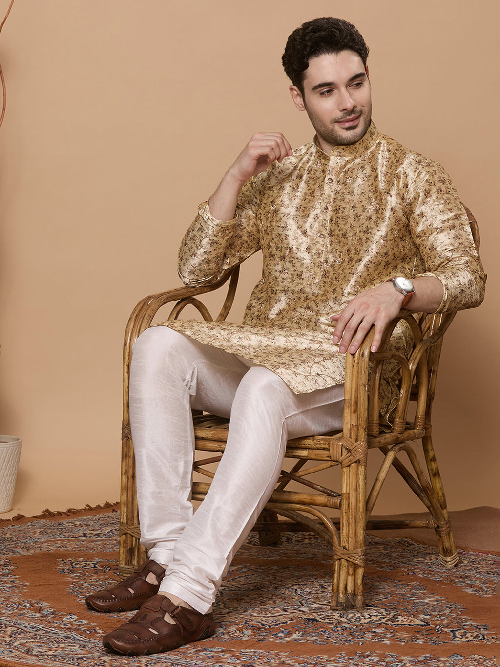 KOMPANION Men's Cream Digital print Kurta