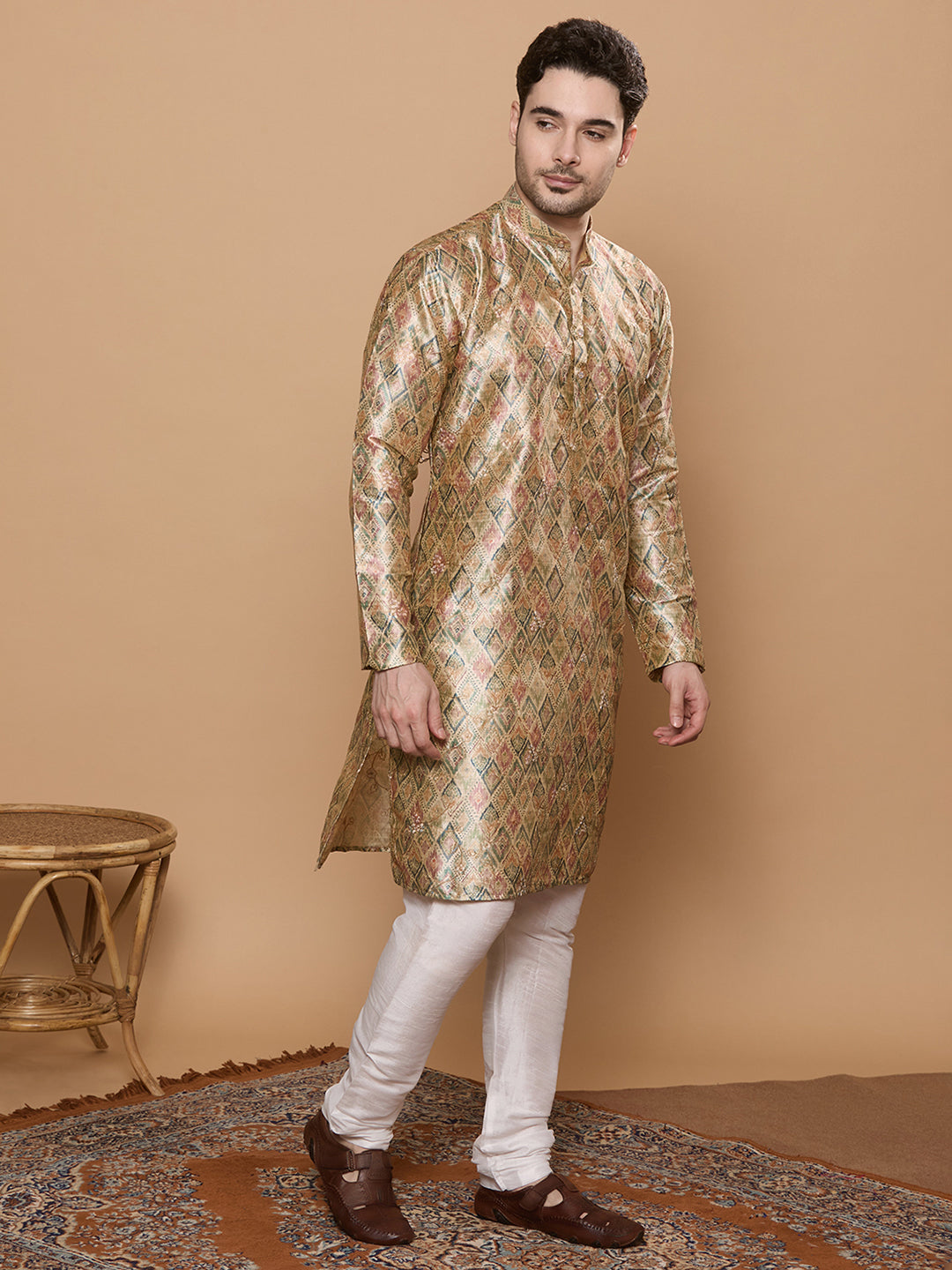 KOMPANION Men's Mehendi Green Digital print Kurta