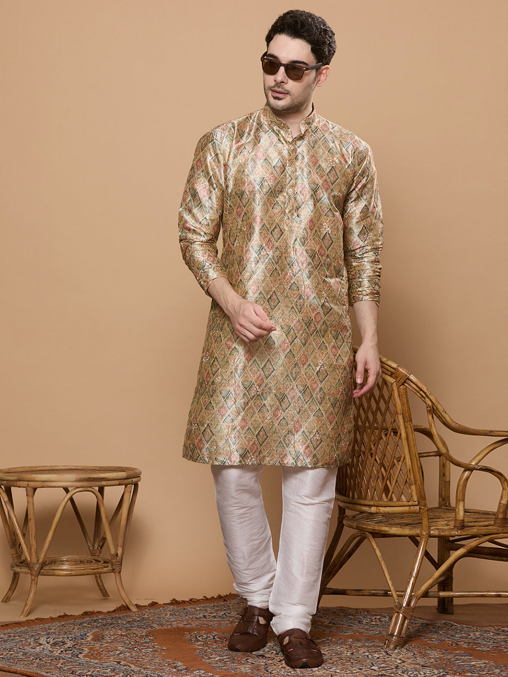 KOMPANION Men's Mehendi Green Digital print Kurta