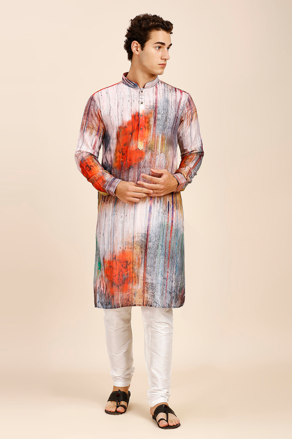 Abstract Floral Print Regular fit Chinese collar Kurta for Men - Orange