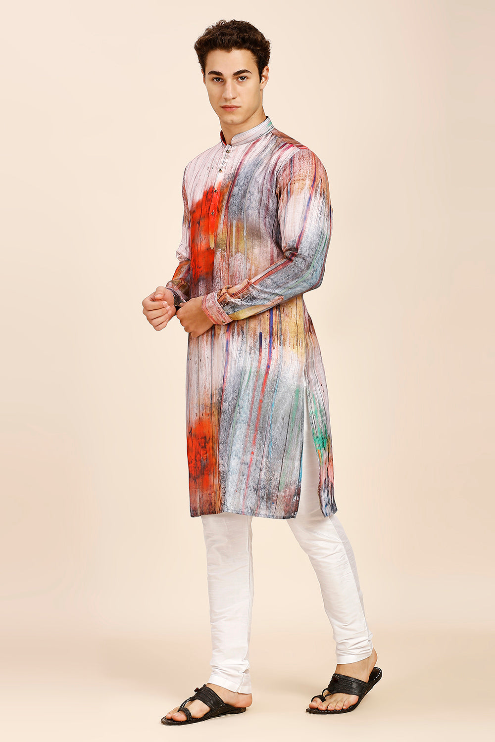 Abstract Floral Print Regular fit Chinese collar Kurta for Men - Orange