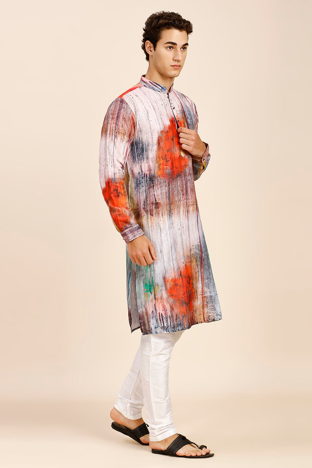 Abstract Floral Print Regular fit Chinese collar Kurta for Men - Orange