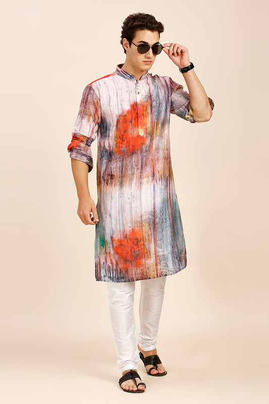 Abstract Floral Print Regular fit Chinese collar Kurta for Men - Orange