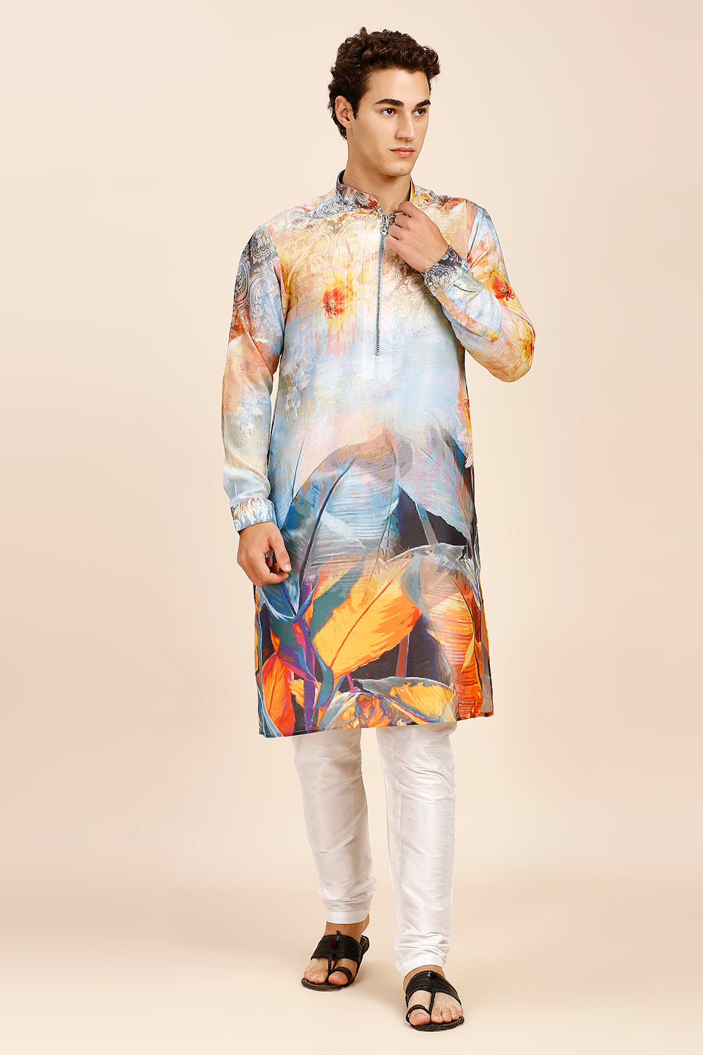 Abstract Print Regular fit Chinese Collar Kurta for Men  - Multicolor