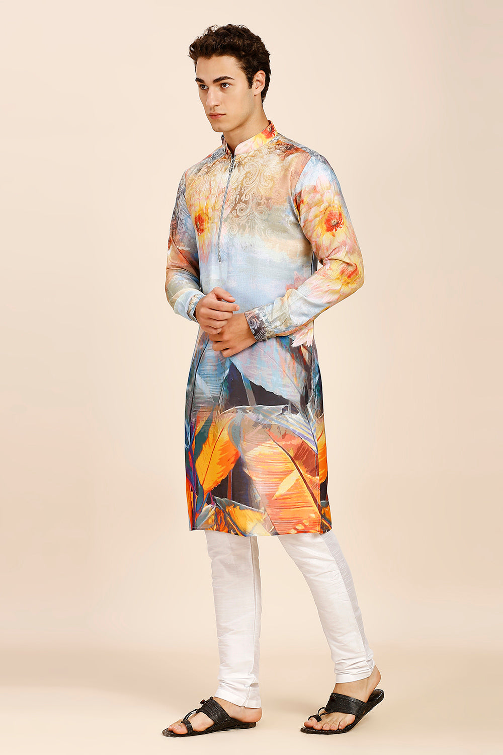 Abstract Print Regular fit Chinese Collar Kurta for Men  - Multicolor