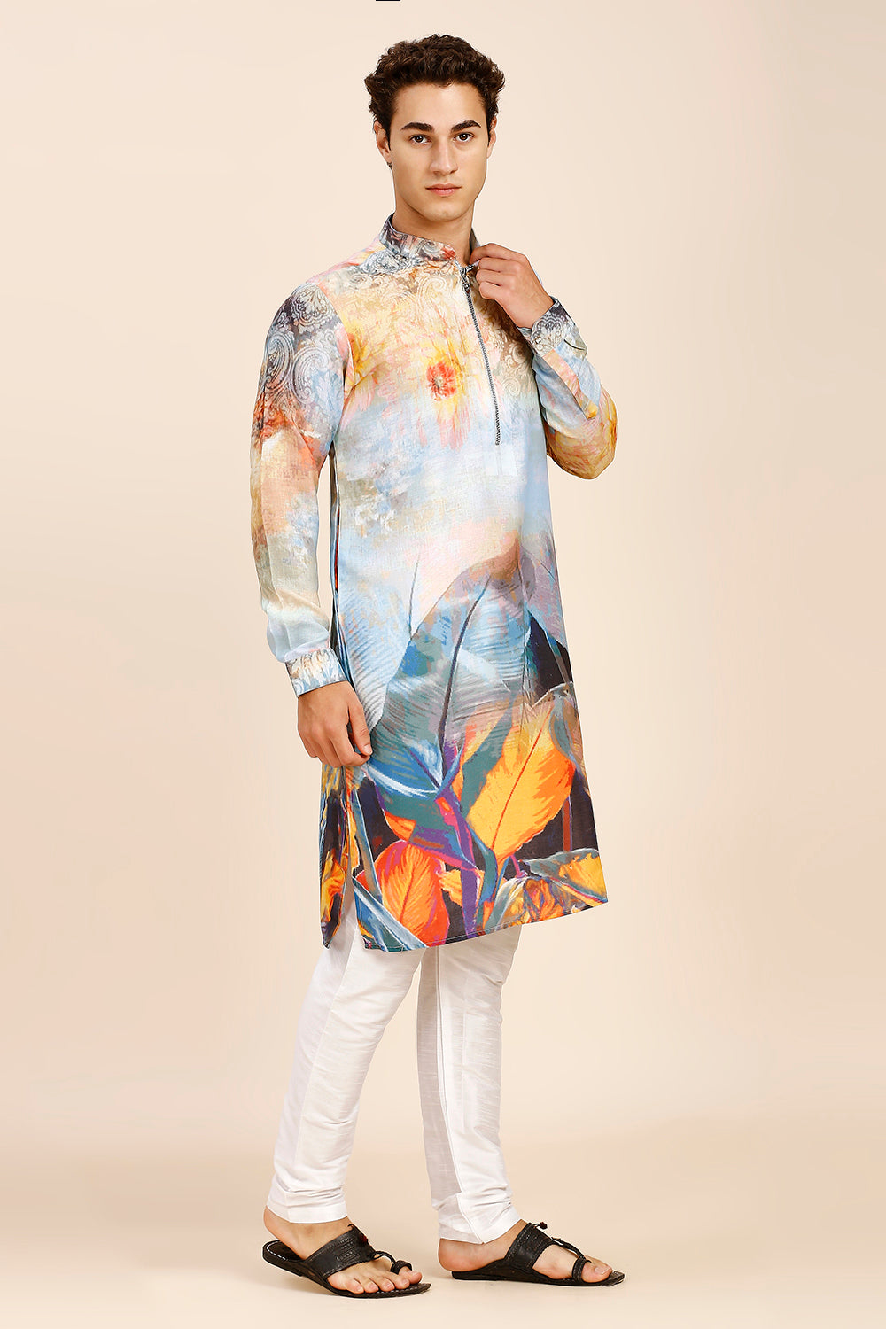 Abstract Print Regular fit Chinese Collar Kurta for Men  - Multicolor