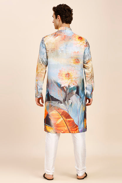 Abstract Print Regular fit Chinese Collar Kurta for Men  - Multicolor