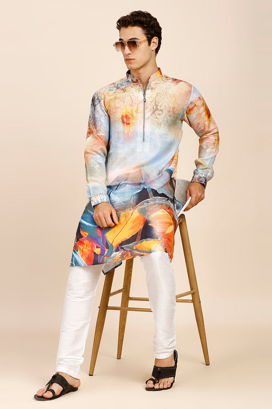 Abstract Print Regular fit Chinese Collar Kurta for Men  - Multicolor