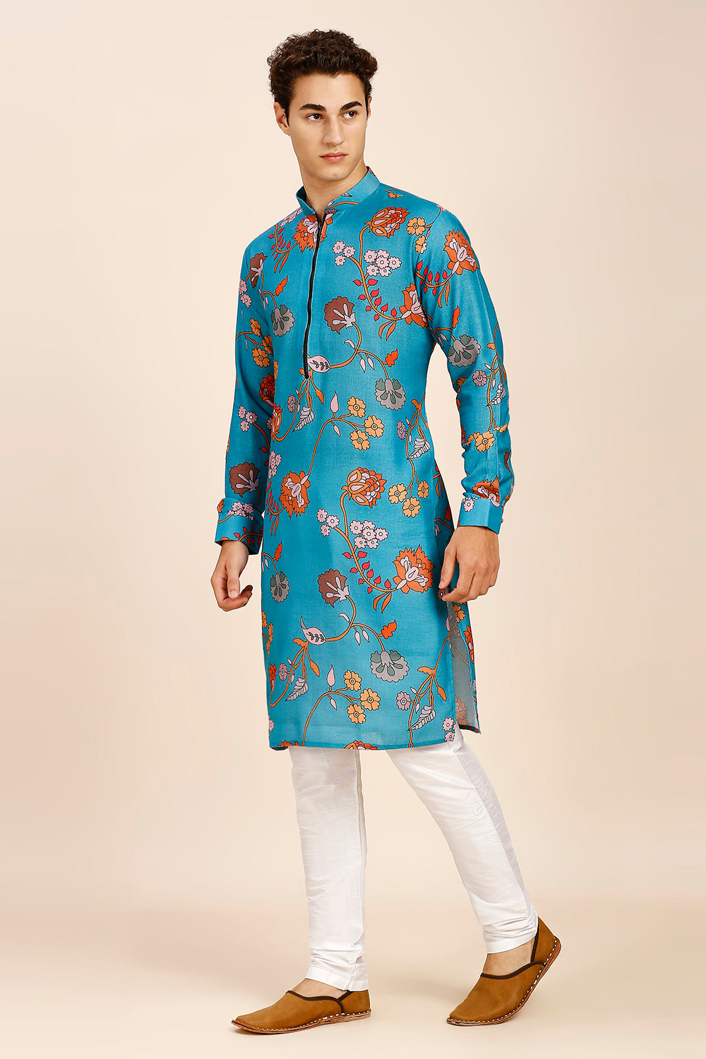 Abstract Floral Print Regular fit Chinese collar Kurta for Men - Multicolor