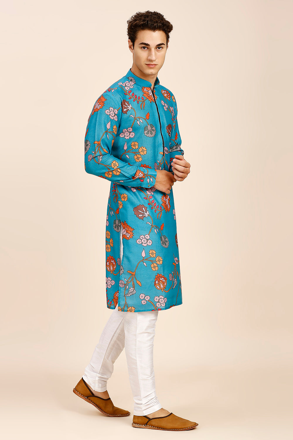 Abstract Floral Print Regular fit Chinese collar Kurta for Men - Multicolor