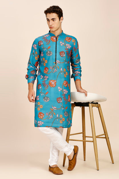 Abstract Floral Print Regular fit Chinese collar Kurta for Men - Multicolor