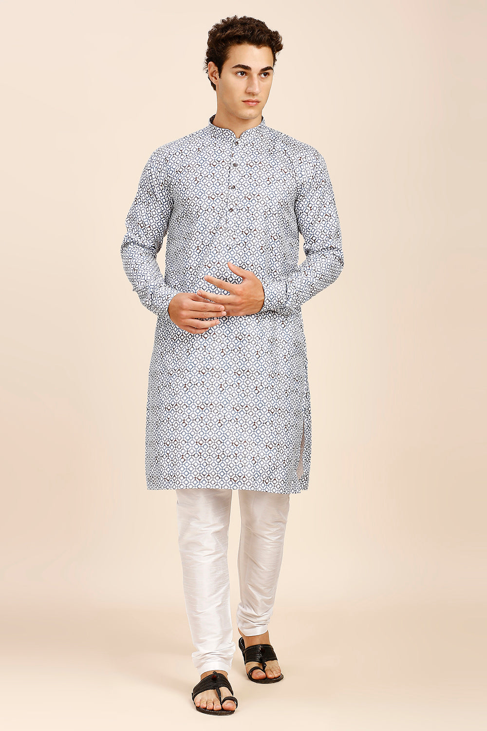 Printed Regular fit Chinese collar Kurta for Men - Powder Blue