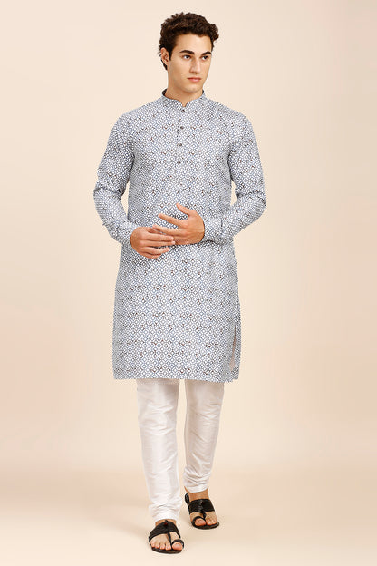 Printed Regular fit Chinese collar Kurta for Men - Powder Blue