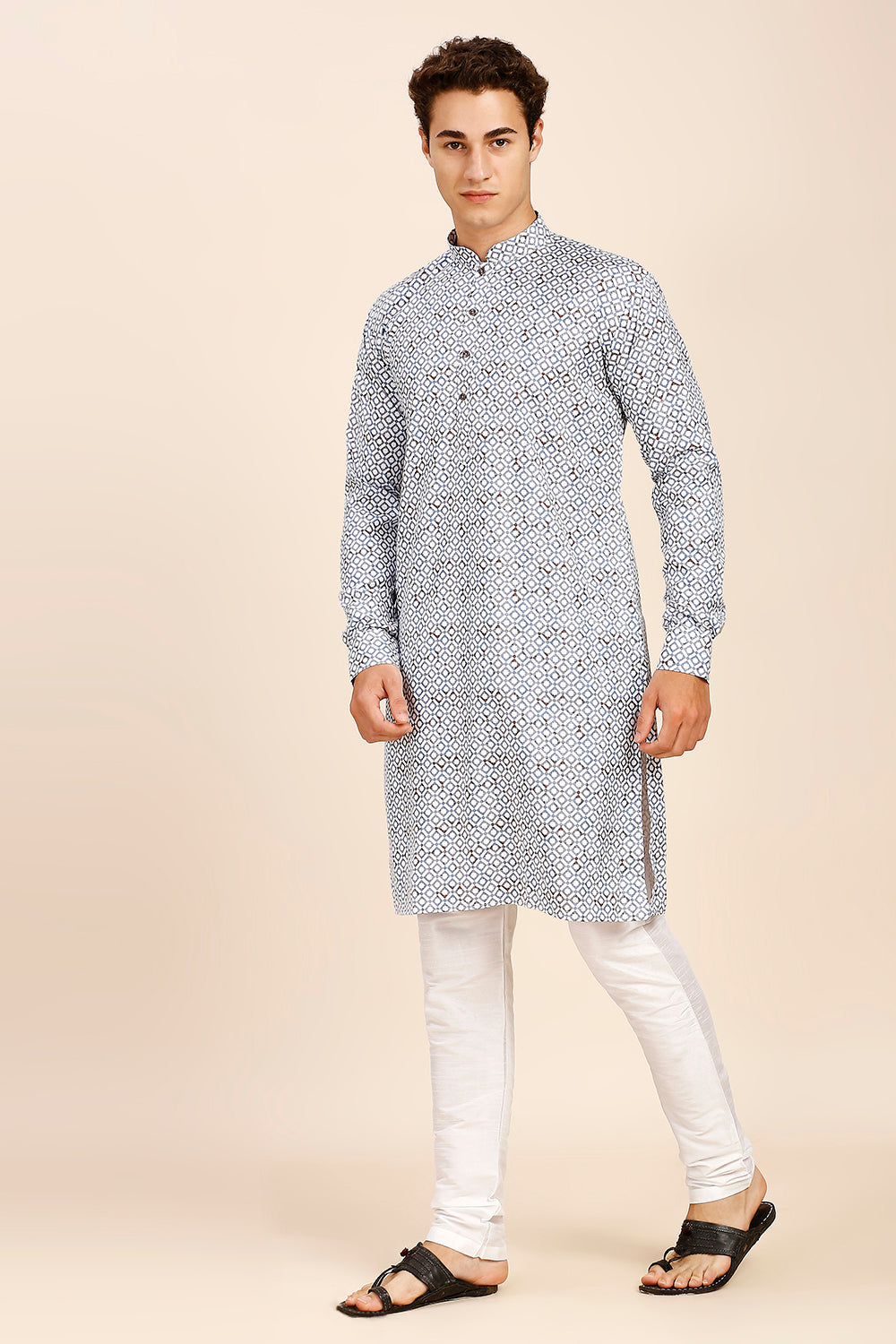 Printed Regular fit Chinese collar Kurta for Men - Powder Blue