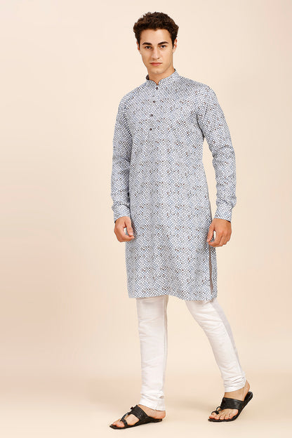 Printed Regular fit Chinese collar Kurta for Men - Powder Blue