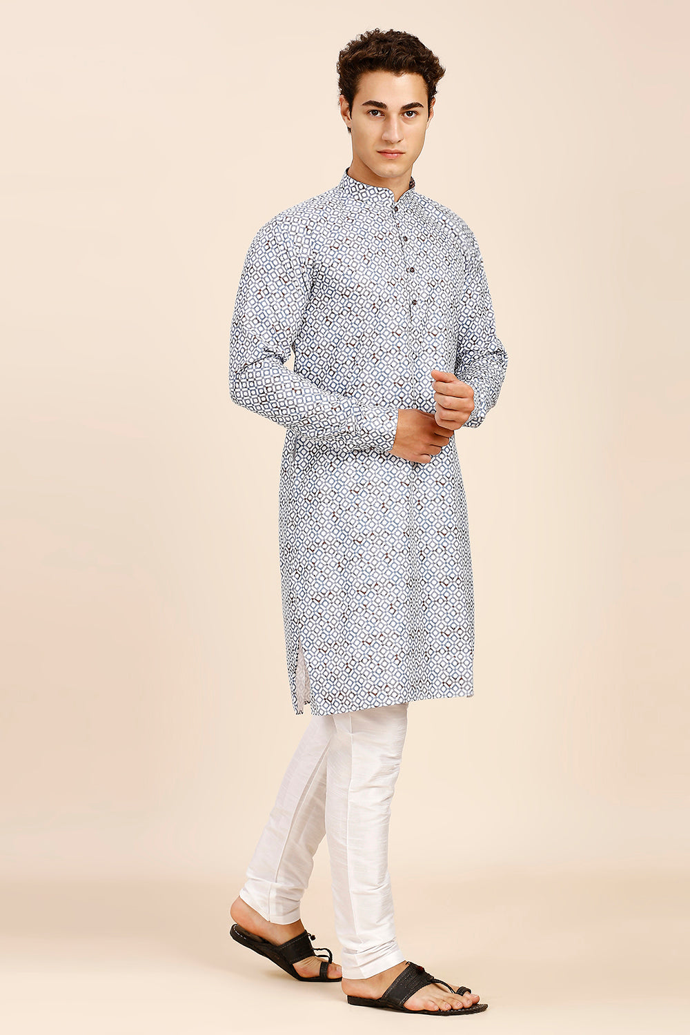 Printed Regular fit Chinese collar Kurta for Men - Powder Blue