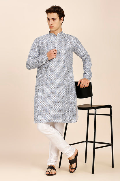 Printed Regular fit Chinese collar Kurta for Men - Powder Blue