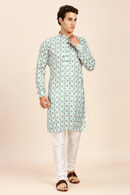 Printed Regular fit Chinese collar Kurta for Men - Sea Green