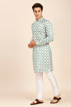 Printed Regular fit Chinese collar Kurta for Men - Sea Green