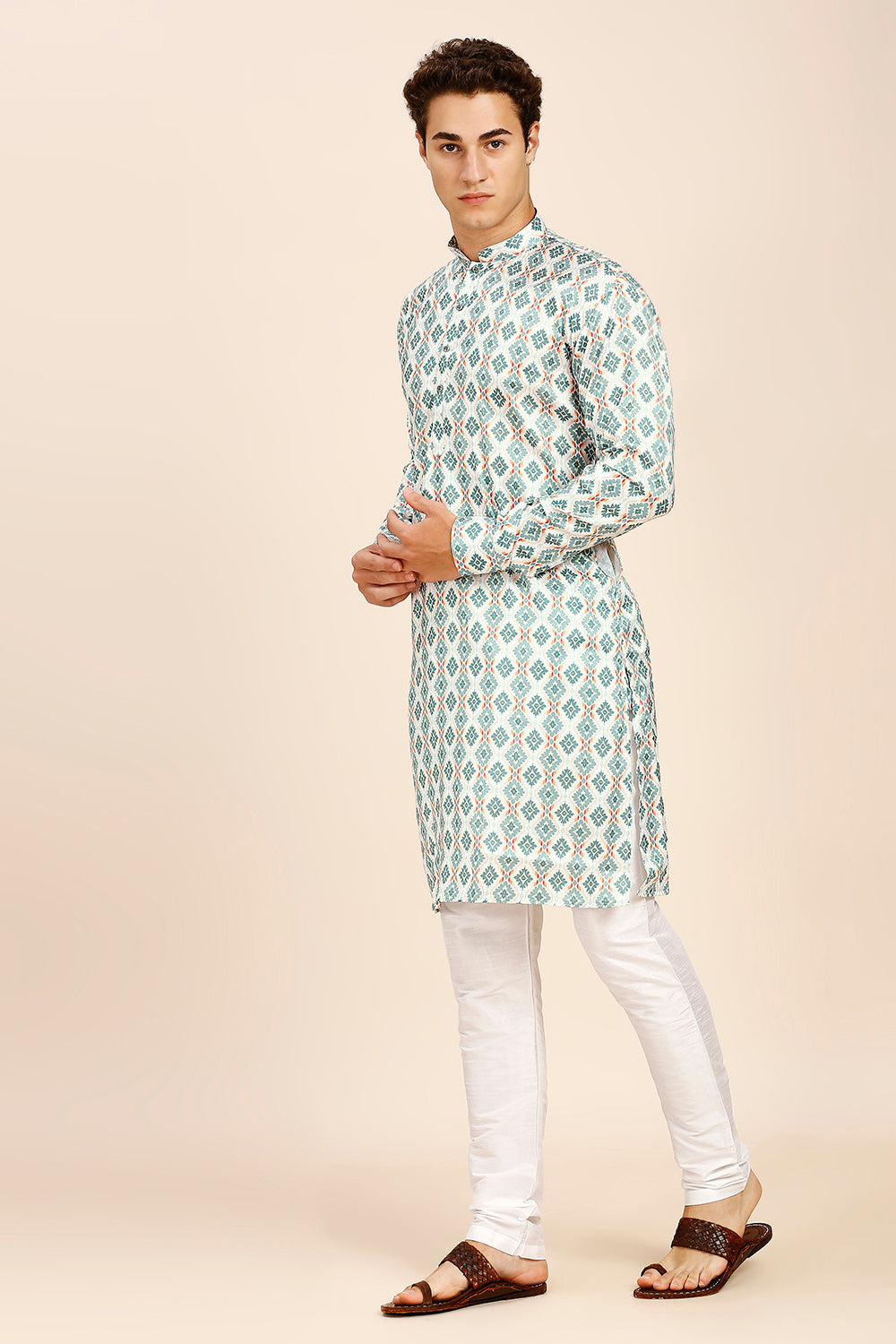 Printed Regular fit Chinese collar Kurta for Men - Sea Green