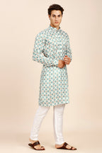 Printed Regular fit Chinese collar Kurta for Men - Sea Green