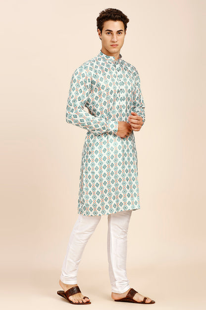 Printed Regular fit Chinese collar Kurta for Men - Sea Green