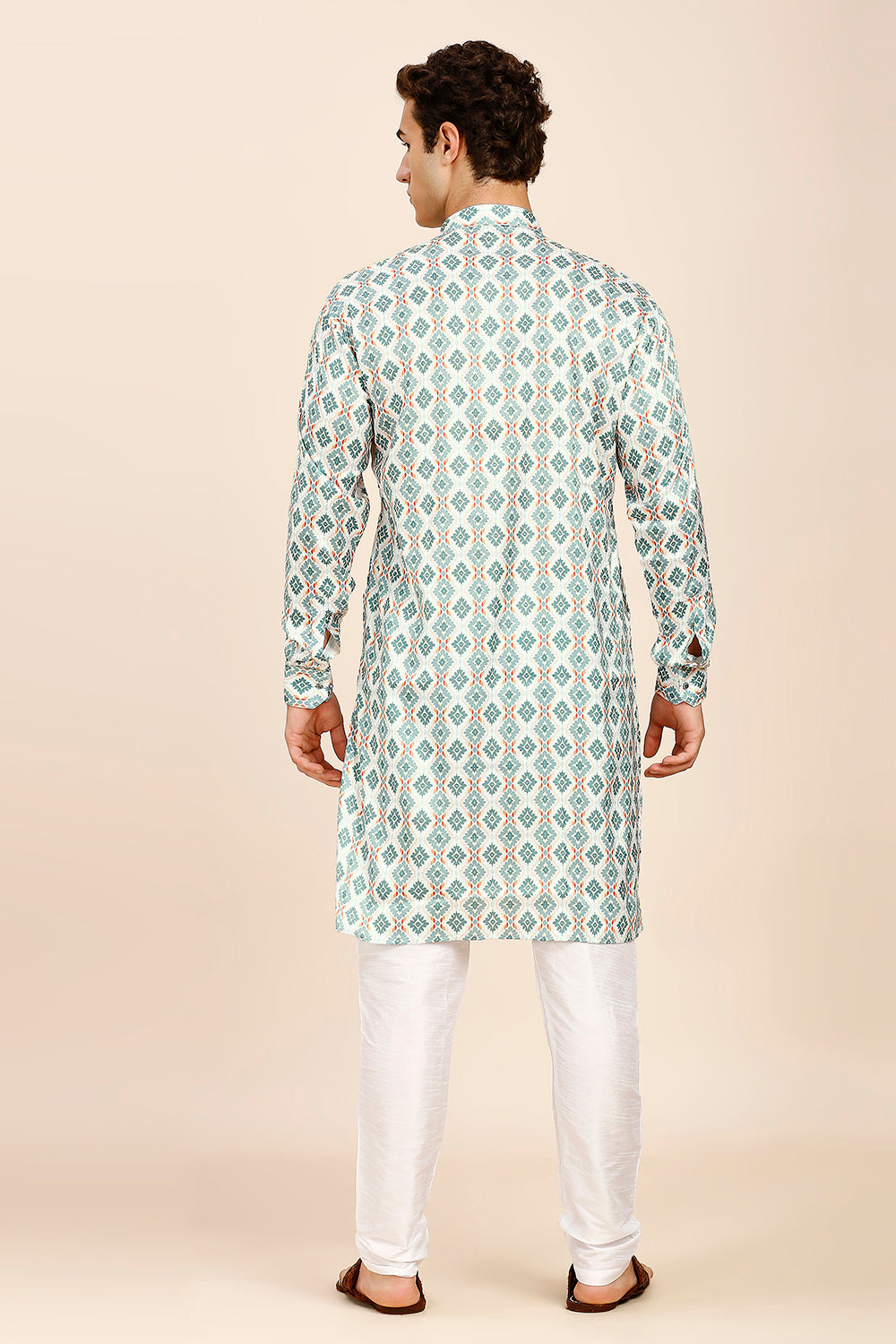 Printed Regular fit Chinese collar Kurta for Men - Sea Green