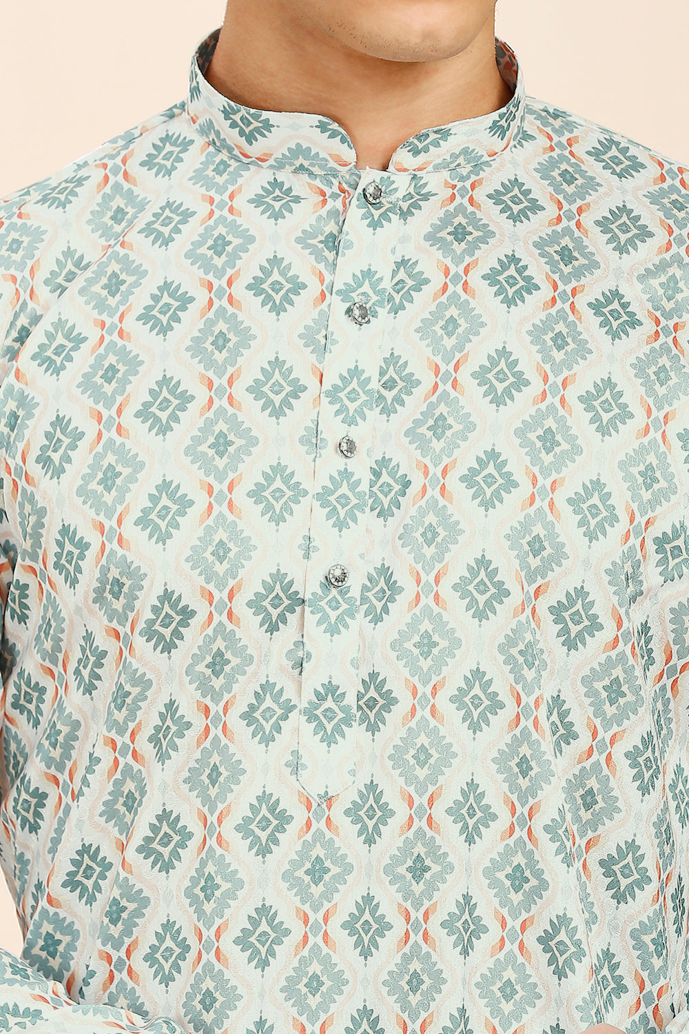 Printed Regular fit Chinese collar Kurta for Men - Sea Green