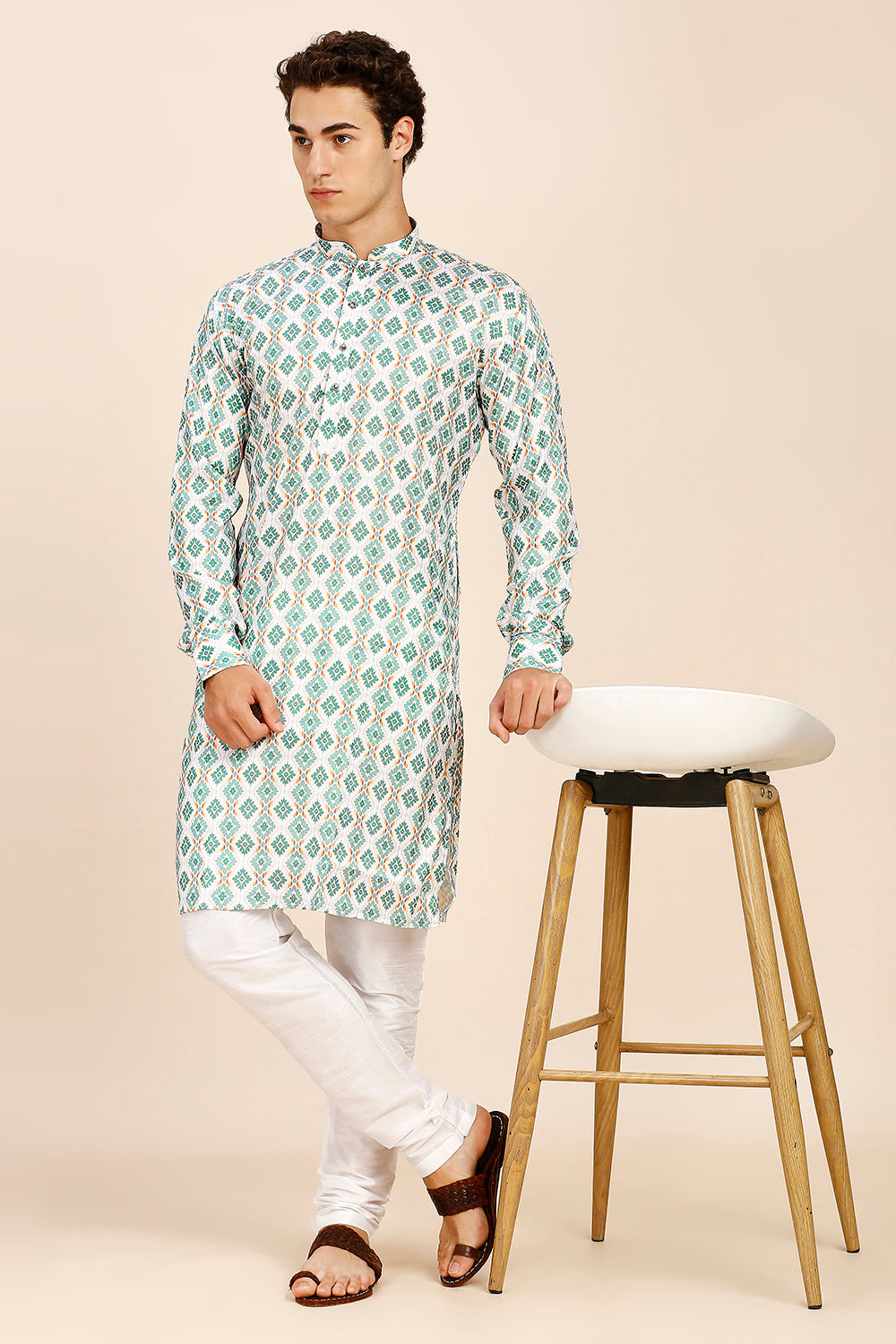 Printed Regular fit Chinese collar Kurta for Men - Sea Green