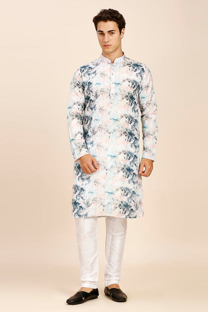 Marble Print Regular fit Chinese collar Kurta with Full Lining for Men - Blue