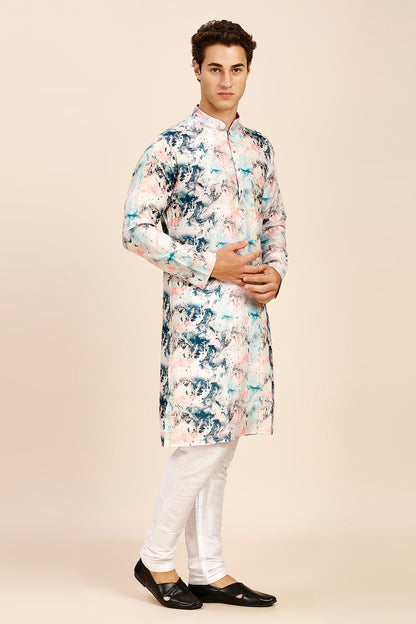 Marble Print Regular fit Chinese collar Kurta with Full Lining for Men - Blue